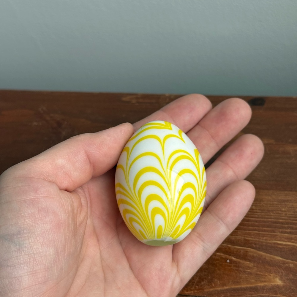 Yellow White Handmade Blown Glass Vintage Easter Egg